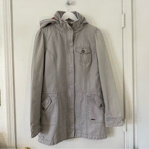 Vintage Roxy Cotton Canvas Utility Jacket Plaid Hood Gray Size Large Y2K